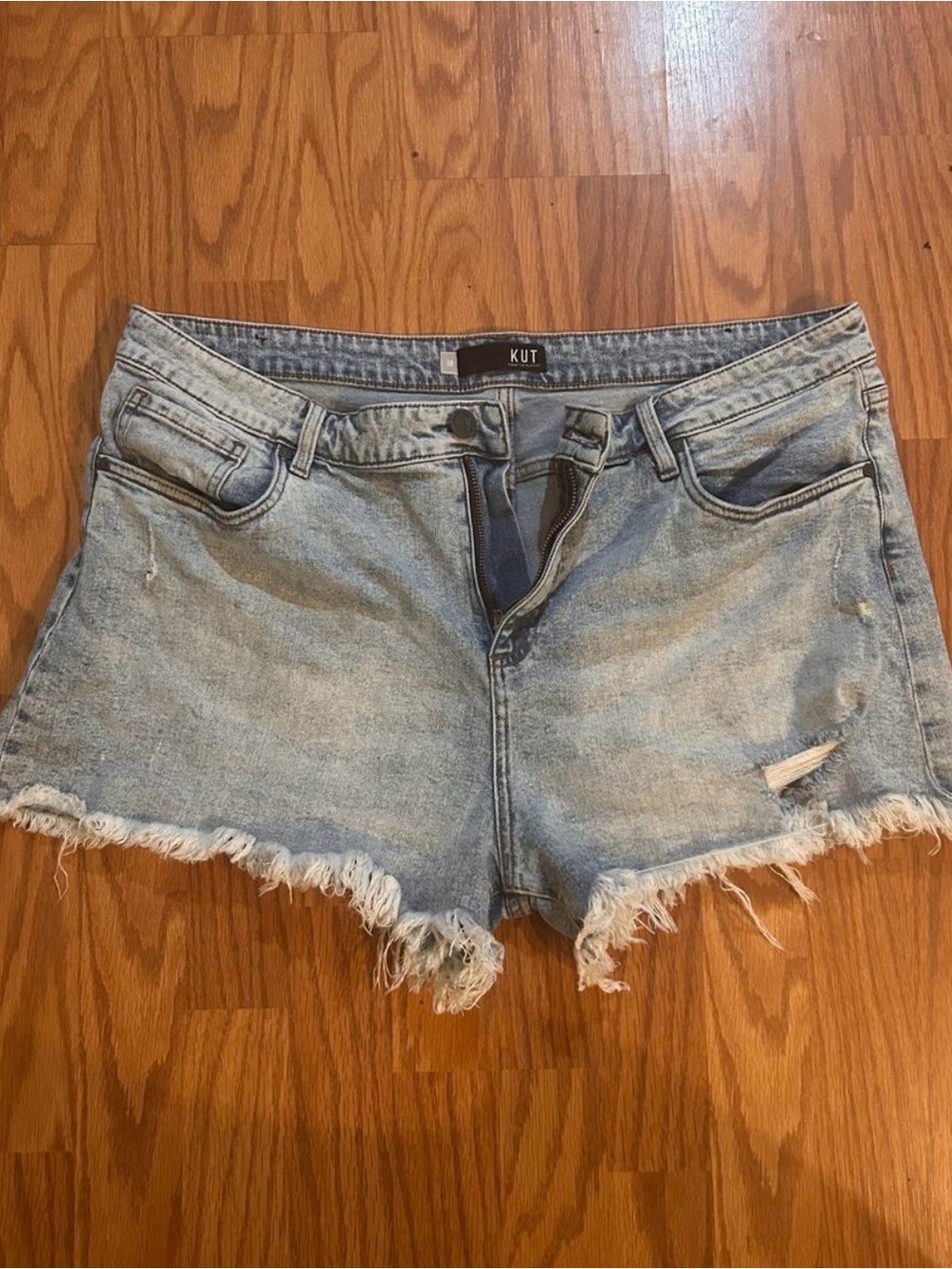 Kut from the Kloth Washed Light Blue Frayed Hem Denim Shorts